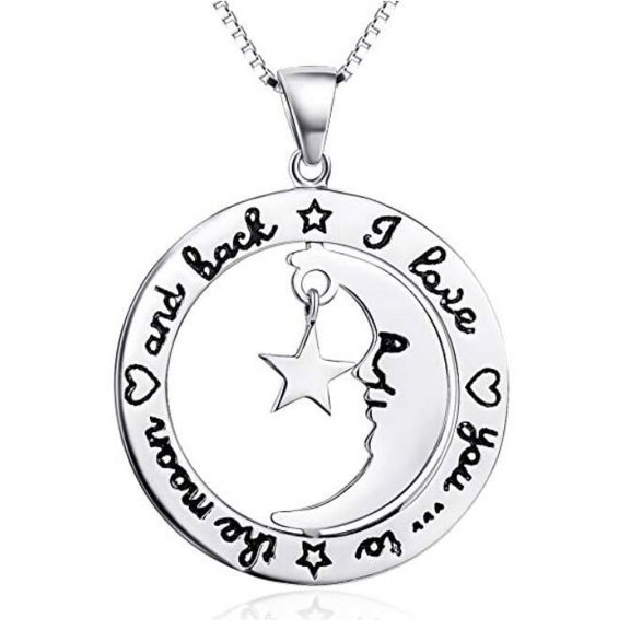 S925 Silver "I Love You to the Moon and Back" Moon and Star Pendant Necklace 18" Silver Box Chain. Birthday Gift