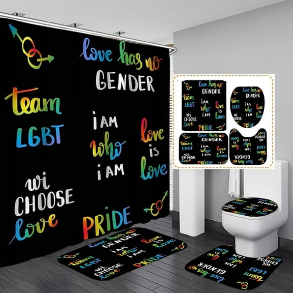 4PCS Rainbow Sunflower Shower Curtain Set, Lesbian Flag LGBTQ Gay Pride Shining Colorful Flower Bathroom Decor, Waterproof Fabric Black Shower Curtain, Non-Slip Bath Mat Rug, Love is Love