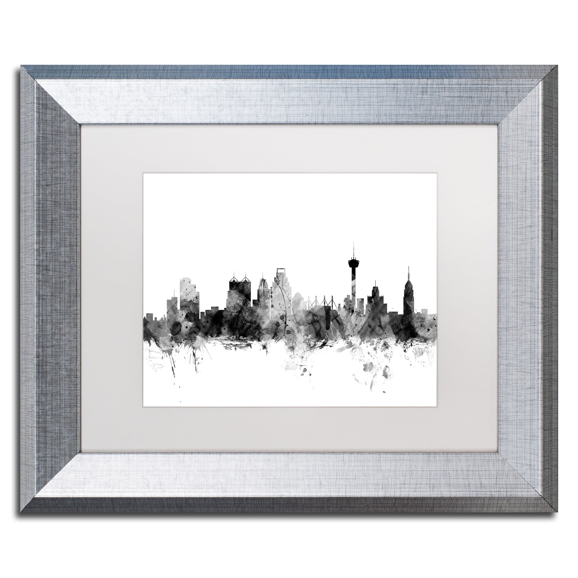 Trademark Fine Art "San Antonio Texas Skyline B&W" Canvas Art by Michael Tompsett, White Matte, Silver Frame