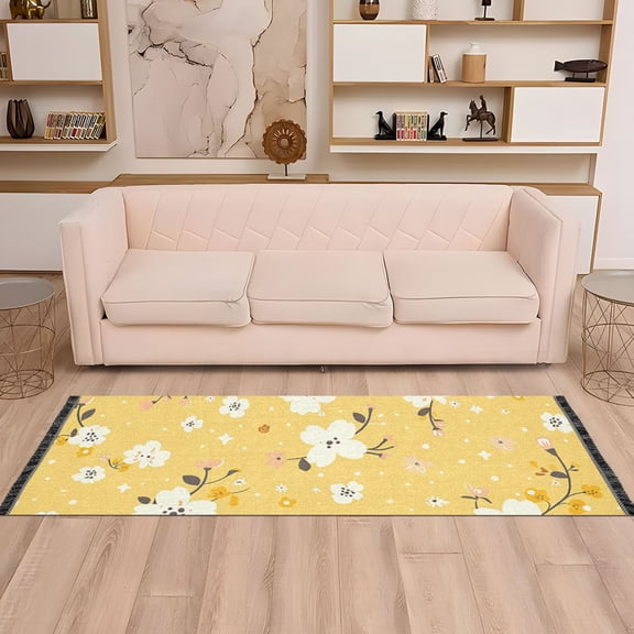 Yellow Floral Runner Rug Non-Slip Area Rugs Linen Washable Non Shedding for Kitchen Bedroom Carpet