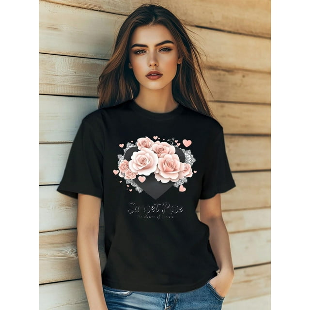 Camiseta estampada 100 % algodón para mujer, de manga corta y cuello redondo, para uso diario informal, 1 pieza, camiseta de ocio.