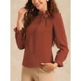 thumbnail image 3 of DARING DIVA Women's Spring Blouse Long Sleeve Ruffle Tie Neck Business Top L Caramel, 3 of 6