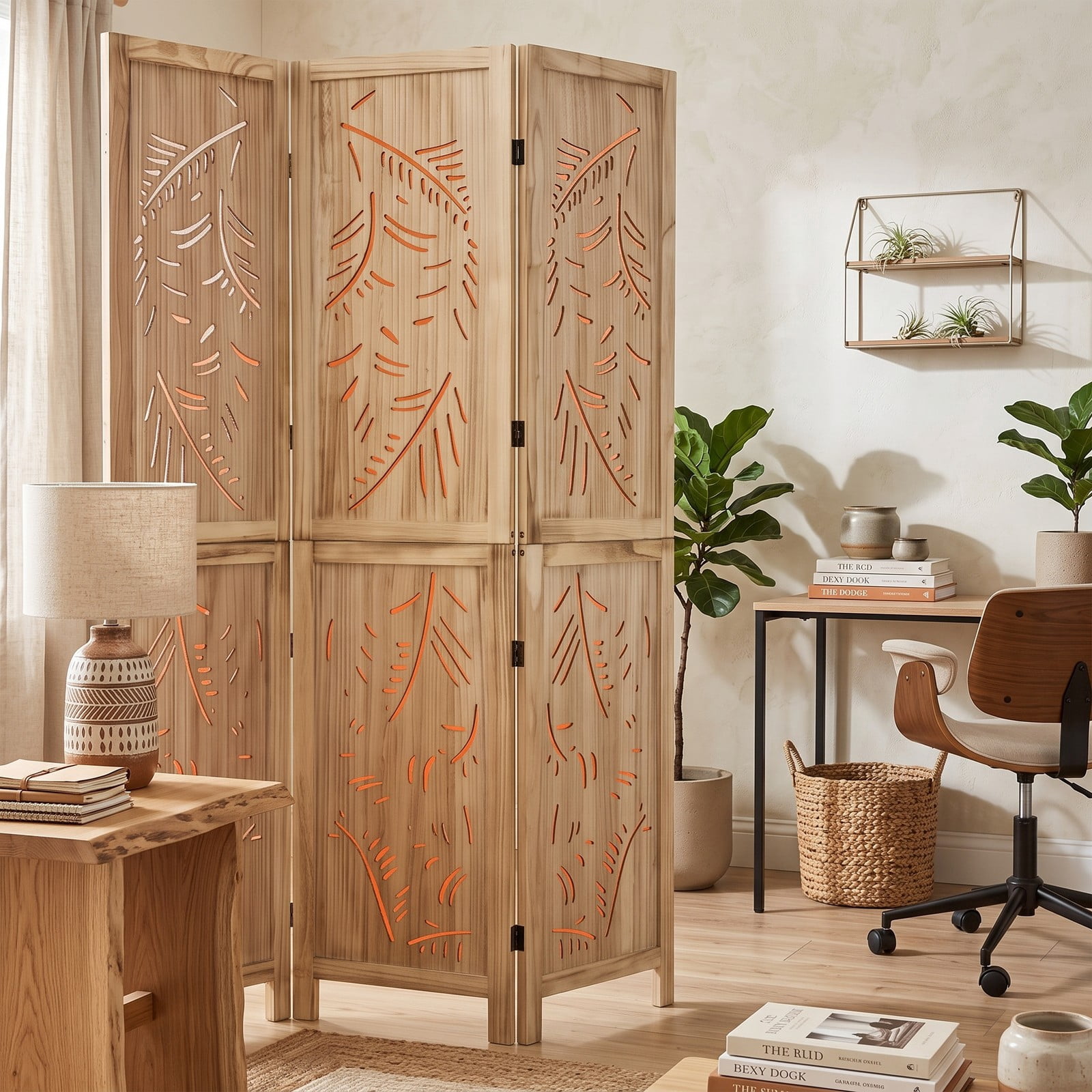 ALPULON 3-Panel Wooden Room Divider Freestanding Folding Privacy Screen with Palm Leaf Design and Paulownia Wood Frame for Living Room Bedroom Office, Natural