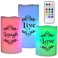 thumbnail image 1 of DRomance Color Changing Flameless Candles Battery Operated with 18-Key Remote Timer, 3 Pack Real Wax Live Love Laugh Decal Flickering LED Pillar Candles Wedding Holiday Decor(3" x 4", 5", 6"), 1 of 7