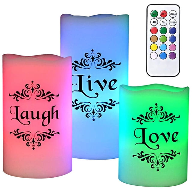 DRomance Color Changing Flameless Candles Battery Operated with 18-Key Remote Timer, 3 Pack Real Wax Live Love Laugh Decal Flickering LED Pillar Candles Wedding Holiday Decor(3" x 4", 5", 6")