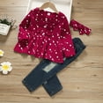 thumbnail image 2 of Odeerbi Baby Girls Clothes Toddler Outfit Newborn Suit Pullover Suit Printed Polka Dot Bow 2025 Long Sleeved Blouse Denim Trousers Burgundy, 2 of 9