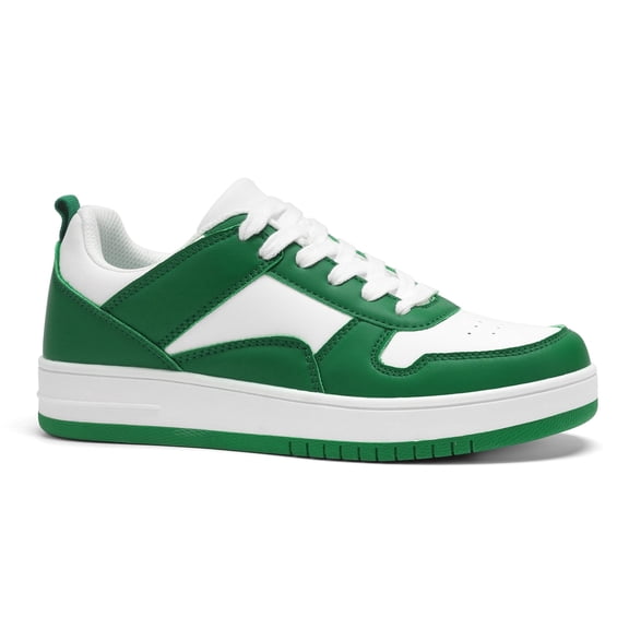 LUCKY STEP Fashion Faux Leather Sneakers Low Top Lace Up Walking Shoes,Green/white,Womens
