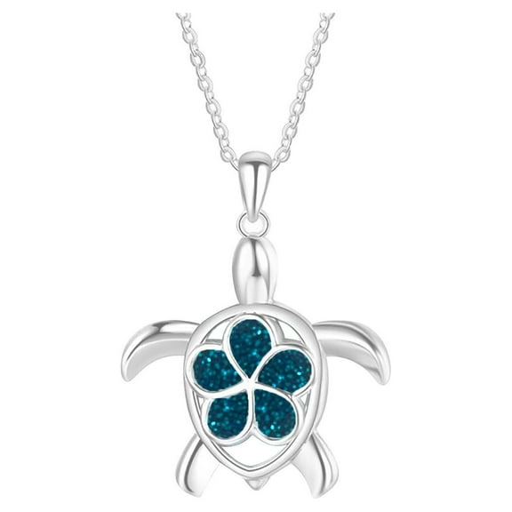 JikouIivo Turtle Ocean Sea Life Necklace Pendant with Simulated Blue Opal Plumeria Flower Nature 18" Chain