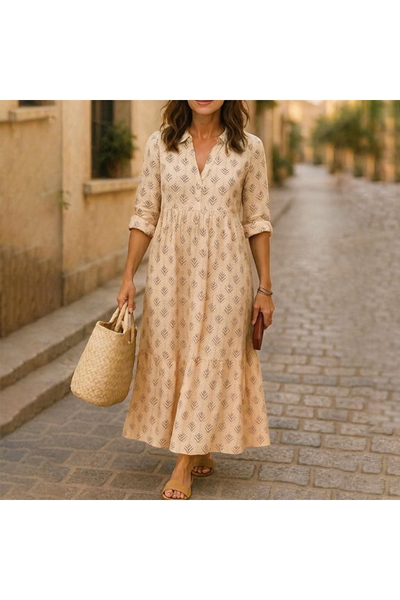 Women Plus Size V Neck 3/4 Sleeve Button Down Dot Boho Midi Dress Flowy Casual Loose Maxi Travel Dresses with Elastic Waist, Yellow 2XL