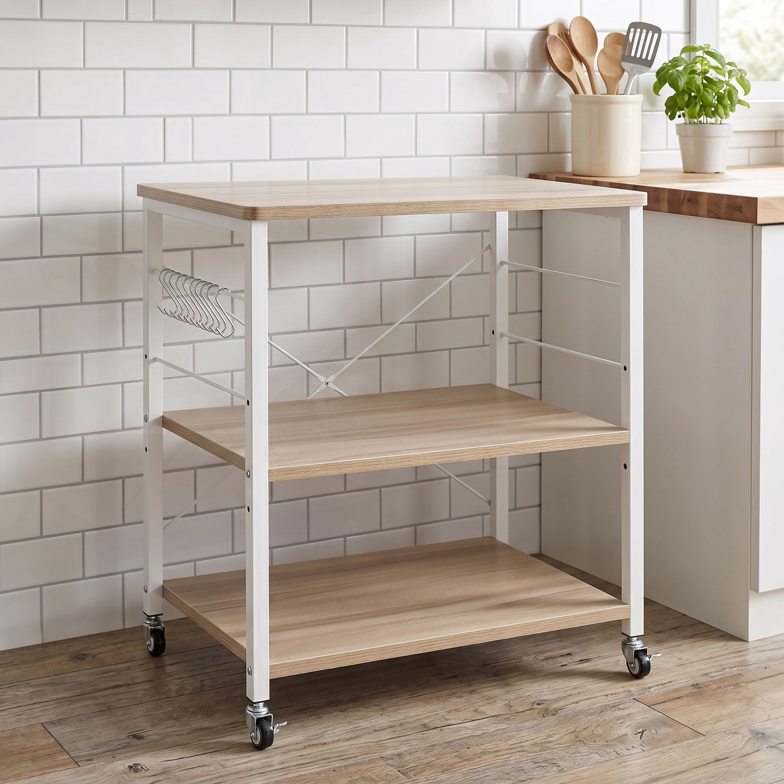 RUIE 3-Tier Kitchen Baker's Rack Microwave Oven Storage Cart with 10 Hooks, 4 Casters and Adjustable Shelf for Coffee Bar Dining Room, Light Brown
