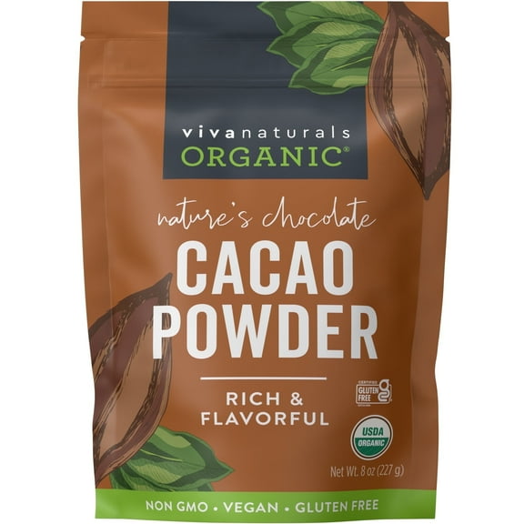 Viva Naturals Organic Cacao Powder, 8 oz - Unsweetened, Rich Dark Chocolate Flavor
