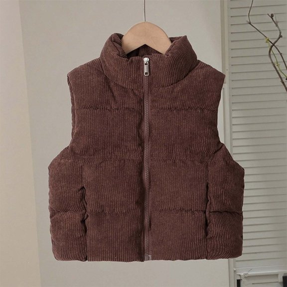 Girls Corduroy Puffer Vest Coats Stand Quilted Sleeveless Jacket with Pockets Warm Daily Outfits