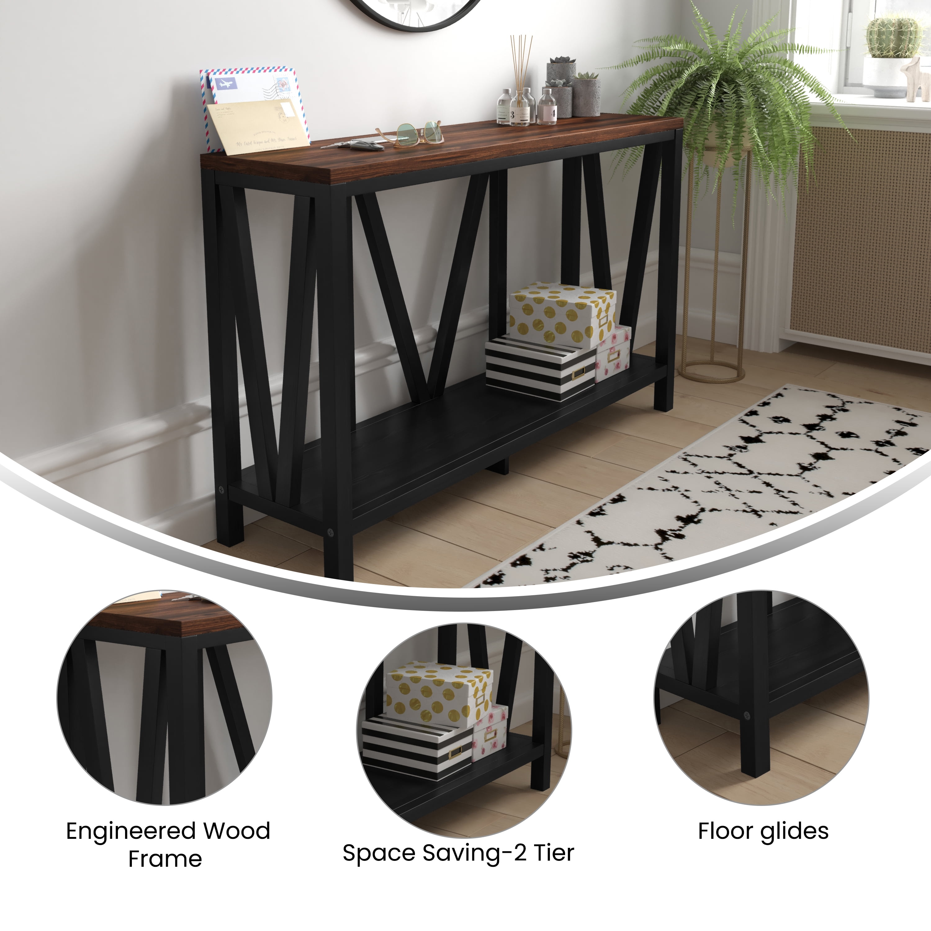 Emma + Oliver Modern Farmhouse Entryway Console Accent Table in Black with Walnut Finished Wood Top