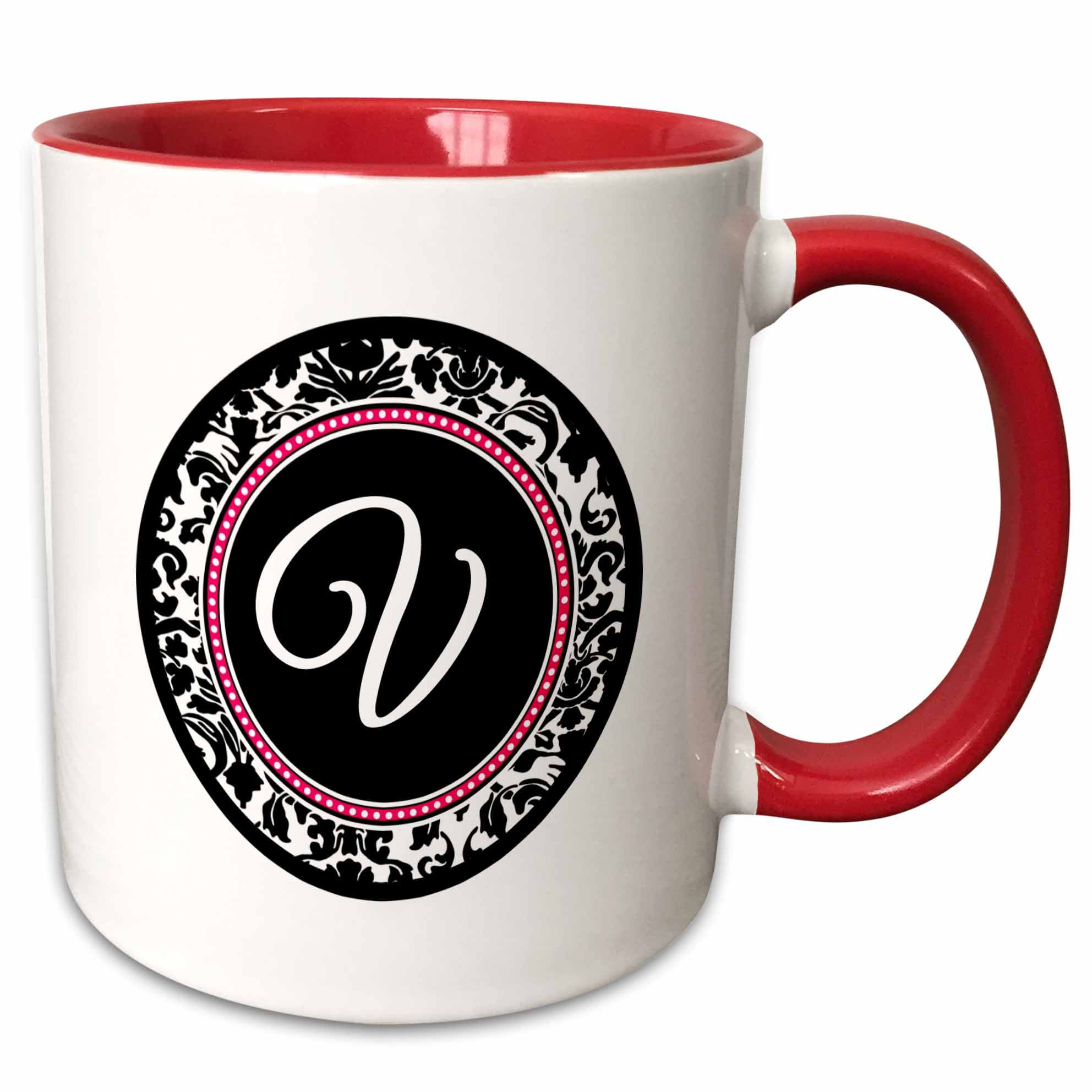 3drose Letter V Stylish Monogrammed Circle Girly Personal Initial Personalized Black Damask With Hot Pink Two Tone Red Mug 15 Ounce Walmart Com Walmart Com