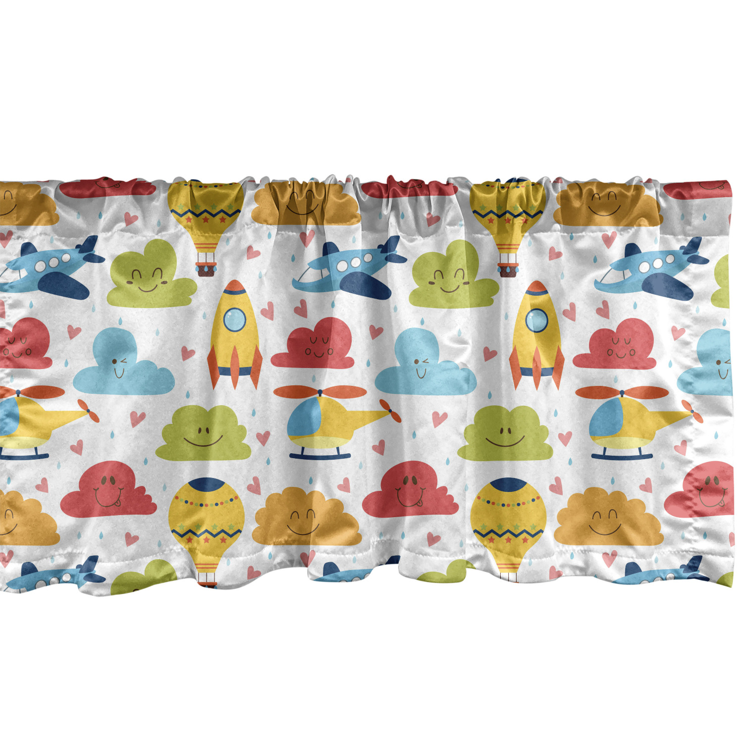 Cartoon Window Valance Pack of 2, Clouds Balloon Airplane and Rocket