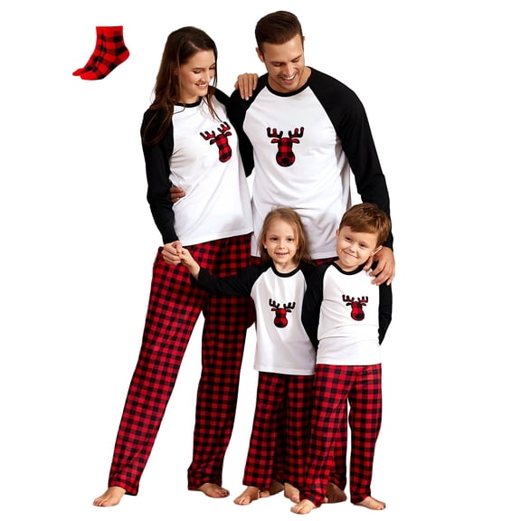 PatPat Christmas Pajamas Family Matching 2 Piece Pjs Sets for Kids Girls Boys Deer Long Sleeve Top & Plaid Pants with Socks Holiday Sleepwear, Black/White, 6-7 Years