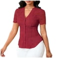 thumbnail image 3 of Avtoify Women's Solid Color Cuff Button Lapel-Quarter Sleeve V-Neck Pullover Casual Fashion Top, 3 of 7