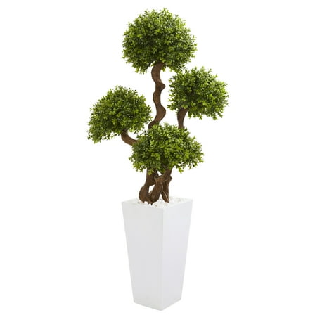 Nearly Natural 55” Four Ball Boxwood Artificial Topiary Tree in Tall White Planter