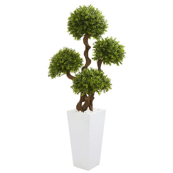 Nearly Natural 55” Four Ball Boxwood Artificial Topiary Tree in Tall White Planter