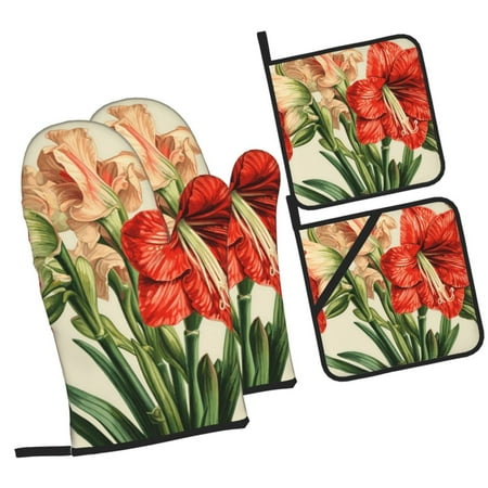 

Zufioo Vibrant Amaryllis Flowers Oven Mitts and Pot Holders 4pcs Set Kitchen Oven Glove High Heat Resistant 500 Degree Extra Long Oven Mitts for Kitchen Baking Cooking