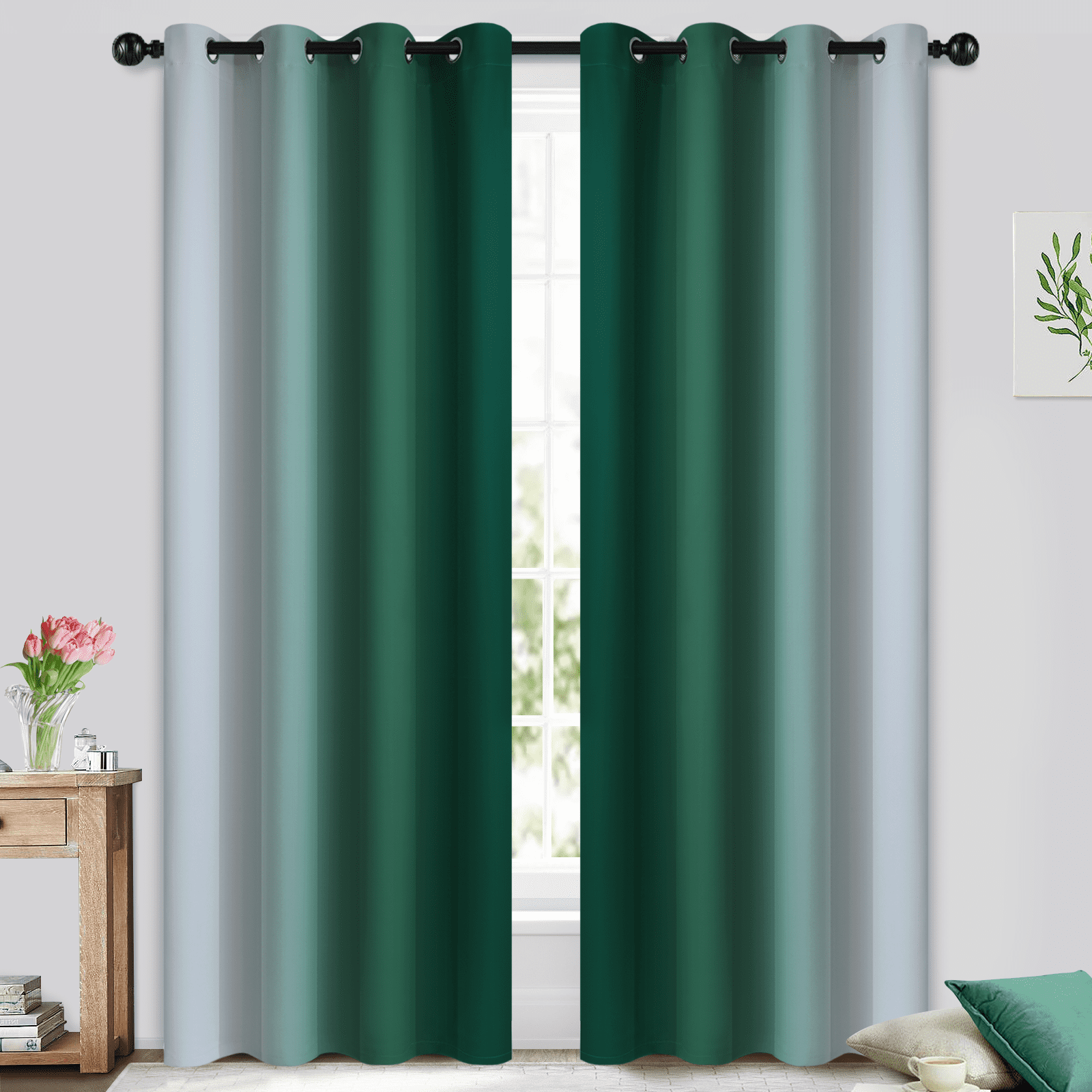 Yakamok Grommet Light Blocking Dark Green Ombre Curtains,Room Darkening Window Drapes for Bedroom/Living Room, 52x84 inches, 2 Panels