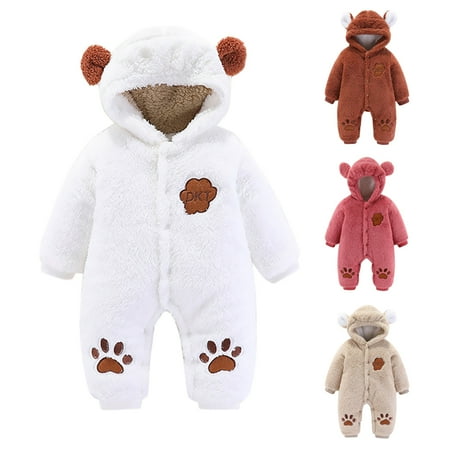 

MAXCOZY 3-12M Newborn Baby Girl Boy Outfits Long Sleeve Plush Hooded Romper Footies Jumpsuit Toddler Fall Winter Clothes