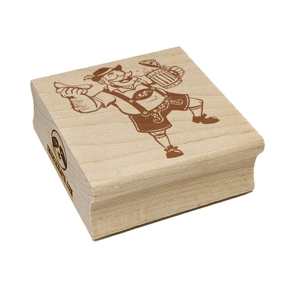 Jolly Bavarian Man in Lederhosen with Beer Stein and Sausage Square Rubber Stamp Stamping Scrapbooking Crafting - Small 1.25in