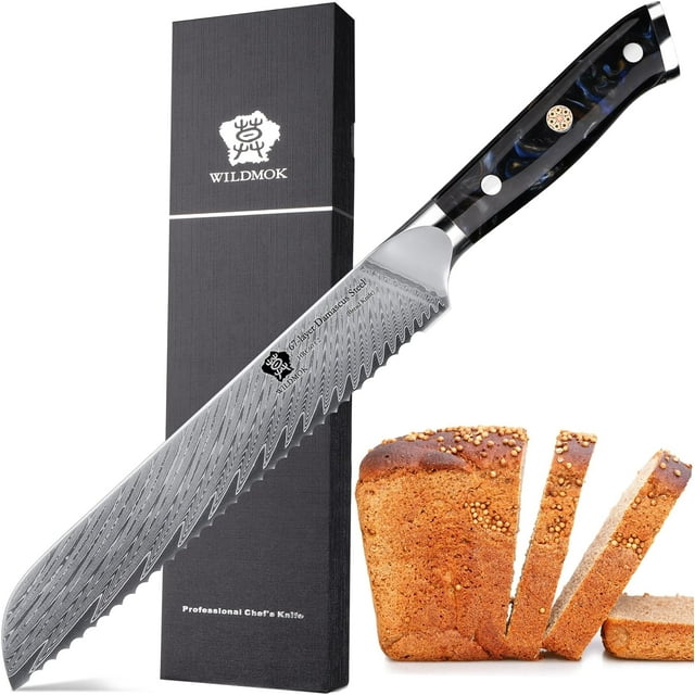 WILDMOK Damascus Serrated Steel Bread Knife, 8 inches Serrated Bread Knife, Ergonomic Full Tang Resin Handle, Razor Sharp Beautiful Damascus Steel Feather Pattern with Luxury Gift Box