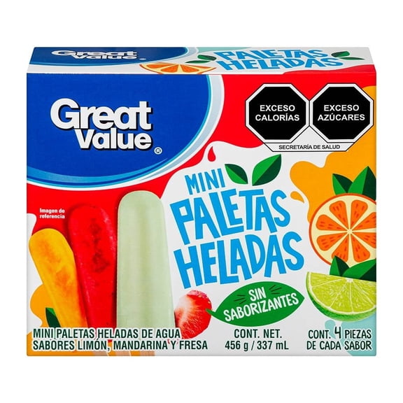 Mini paletas heladas Great Value de agua sabor limón, mandarina y fresa 4 pzas de 114 g c/u
