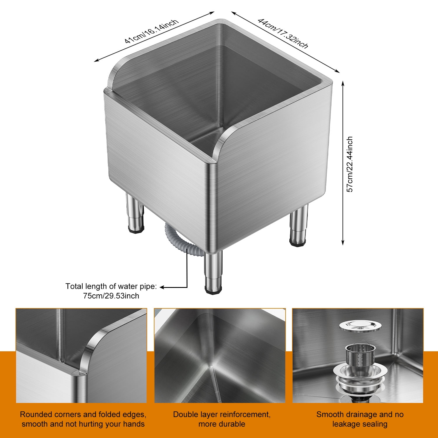 Cixusio Commercial Floor Mop Sink, Stainless Steel Mop Service Basin Laundry Room Slop Sink, Tub Utility Sink for Kitchen/Restaurant, Silvery (45x41x55cm)