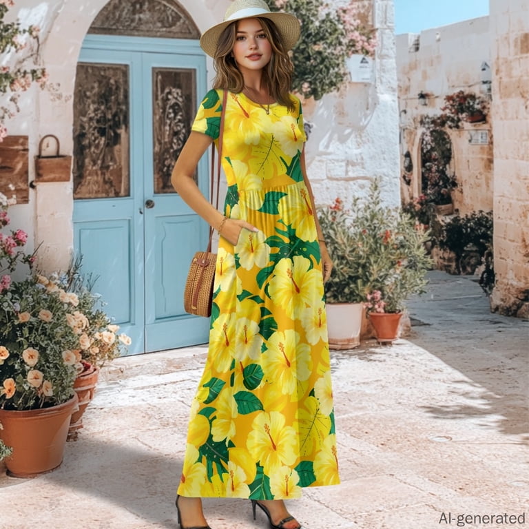 yellow flowy maxi dress Long Boho | Mustard Open Back Summer Maxi Dress | Prom Dress | Hippie Dress | Pregnancy Dress | Vacation, Bridesmaid, Rave Flowy relaxed silhouette Uourmeti Tropical Leaf Print Short