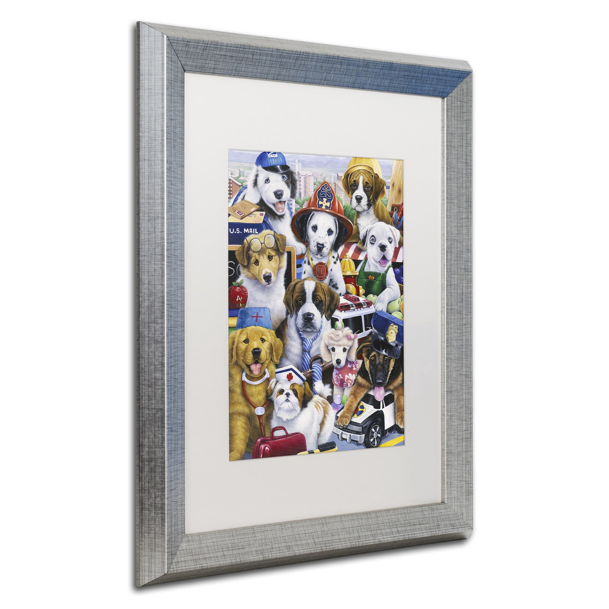 Trademark Fine Art 'Working Puppies' Canvas Art by Jenny Newland, White Matte, Silver Frame
