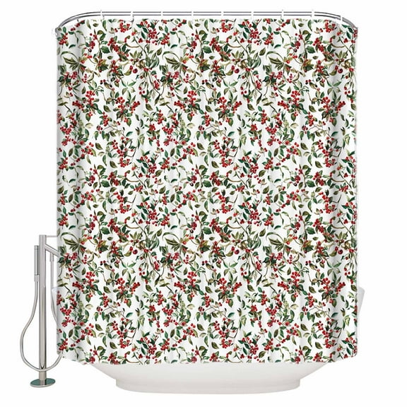 Christmas Berry Shower Curtains for Bathroom Waterproof Fabric Bath Curtains Decor Bath Tub Curtain Xmas Botanical Watercolor Green Red Decorative Shower Curtain Sets with 12 Hooks, 72x72 Inch
