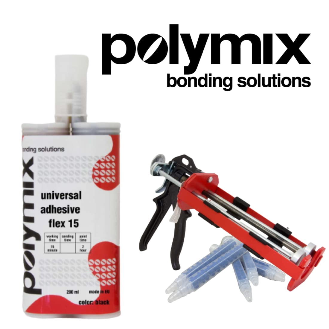 Polymix Universal Adhesive Flex 15 Multipurpose Plastic Repair and Adhesive 200ml Cartridge & Two Application Mixing Nozzles