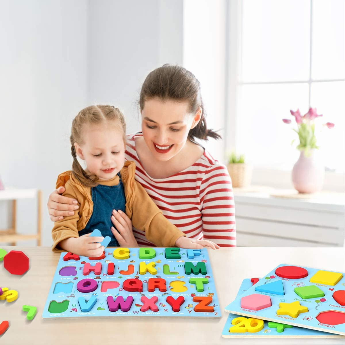 3-Piece Wooden Montessori Alphabet Number and Shape Sorting Boards, Educational Cognitive Learning Set for Home and Classroom, Decorative Early Learning Accessory