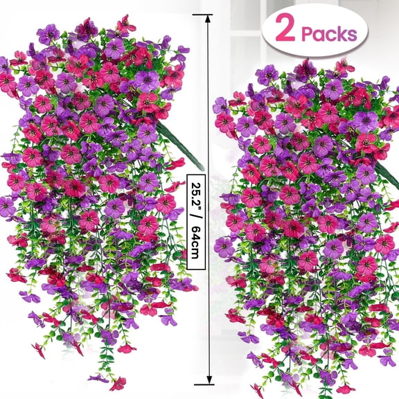 2 Pack Genreen Artificial Hanging Flowers for Outdoors Decorations, Fake Hanging Flowers, UV Resistant Artificial Hanging Plants outdoors for Home Porch Patio Balcony Baskets Yard(Purple & Rose Red)