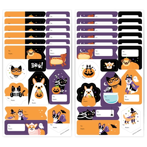 Big Dot of Happiness Halloween Pets - Assorted Cats and Dogs Party Gift Tag Labels - To and From Treat Stickers - 12 Sheets - 120 Stickers