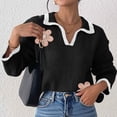 thumbnail image 6 of Women's Floral Lapel Contrast Stitch V-Neck Long Sleeve Pullover Knit Sweater, 6 of 7