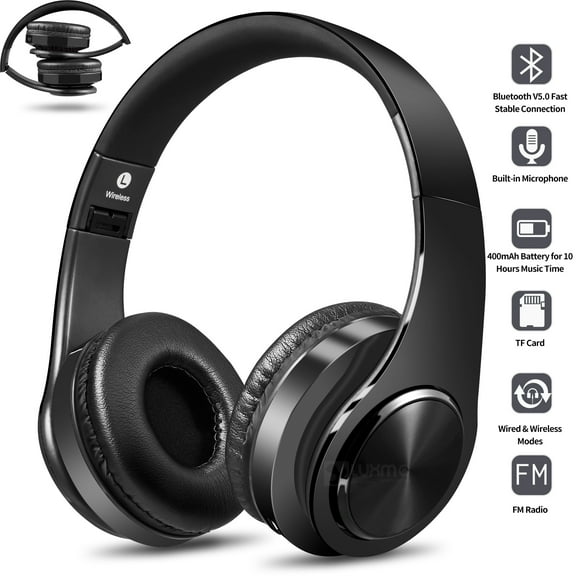 Bluetooth Headphones Over Ear, Hi-Fi Stereo Wireless Foldable Headset with Soft Memory-Protein Earmuffs, Built-in Mic and Wired Mode for PC/Cell Phones/TV(Black)