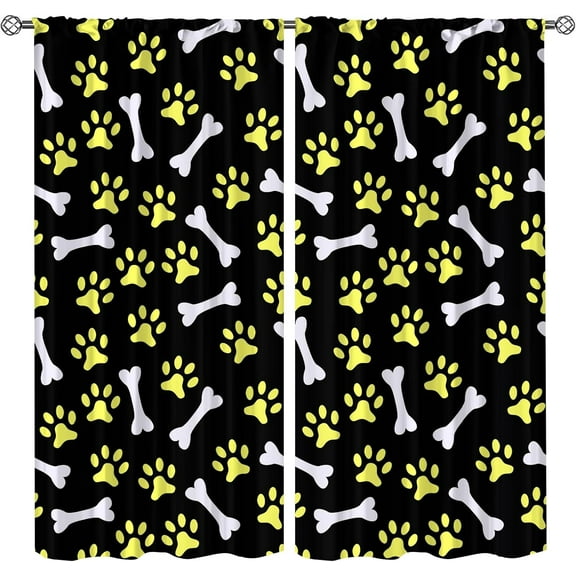 Cute Animal Paw Prints Rod Pocket Blackout Curtains, Cartoon Dog Cat and Bone Long Pinch Pleated Curtains, Kids Soundproof Window Drapes Low Profile Comfort for Living Room Bedroom-W42xL63in