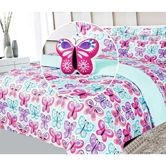 Bedding comforter in full size butterfly turquoise design matching sheet set for kids bedroom décor for girls boys 8 pieces