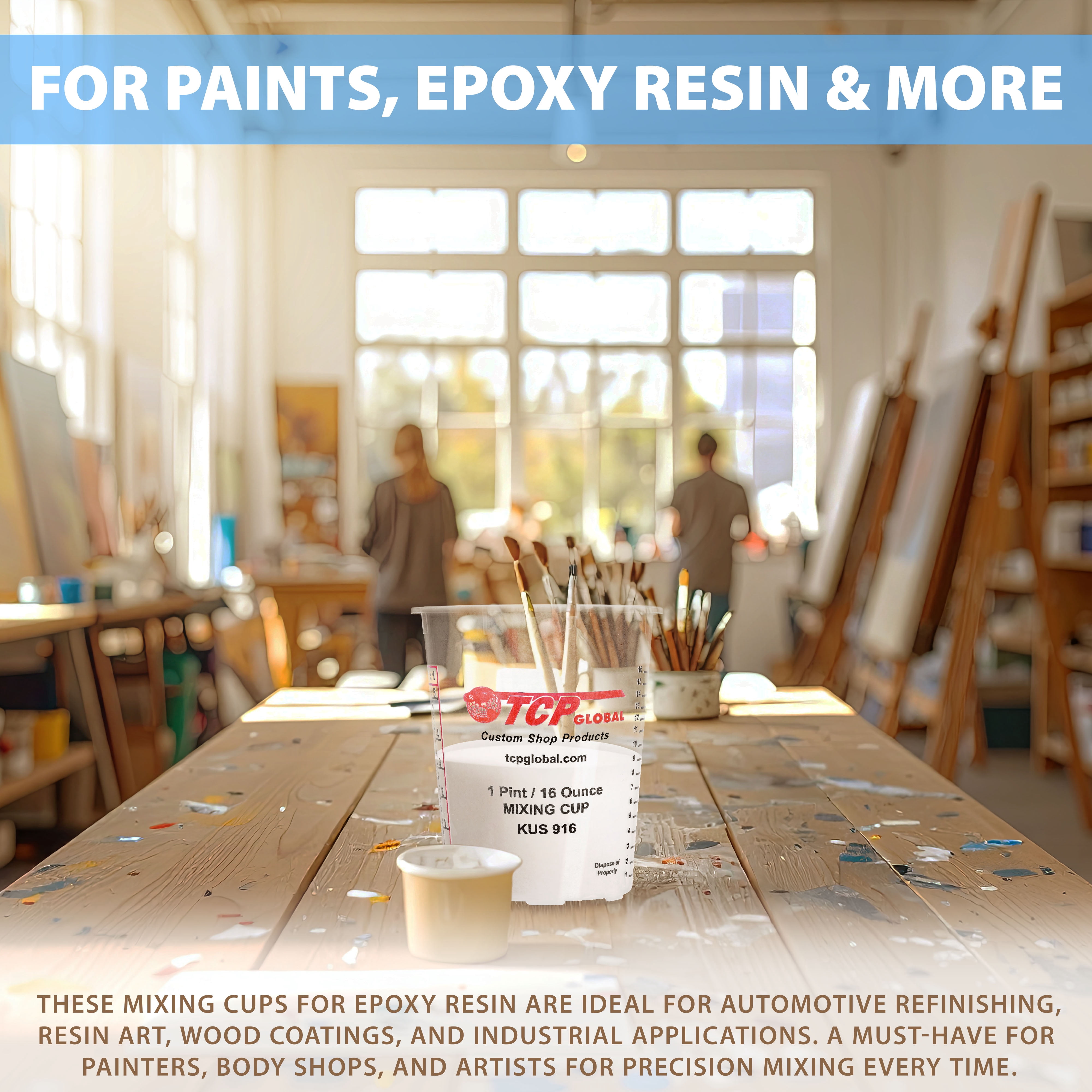 Custom Shop Paint Mixing Cups Plastic Measuring Cup Epoxy Resin, Disposable or Reusable, 16-Ounce (Pint) - Box of 100 - Graduated, Mixing Ratios, Automotive Painting Acrylic Art Crafts