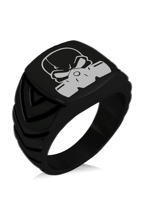 Stainless Steel Biohazard Death Skull Chevron Pattern Biker Style Polished Ring