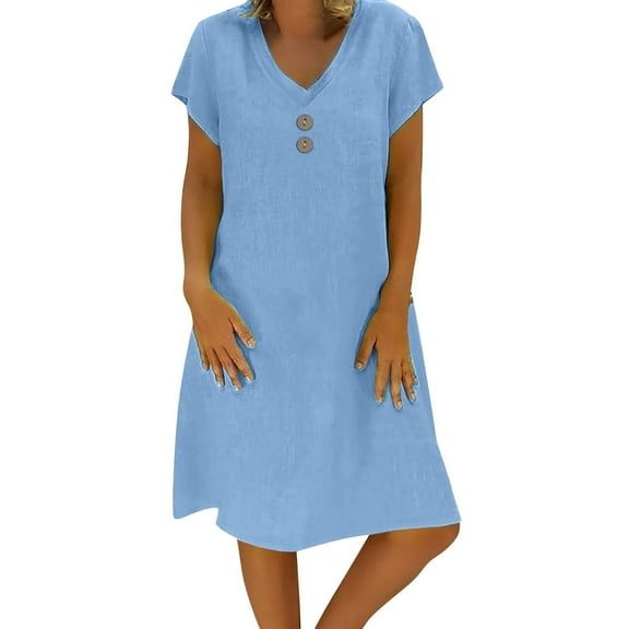 Summer Beach Dresses for Womens 2025 Plus Size Fashion Loose V-Neck Solid Short Sleeve Cotton And Linen Dress