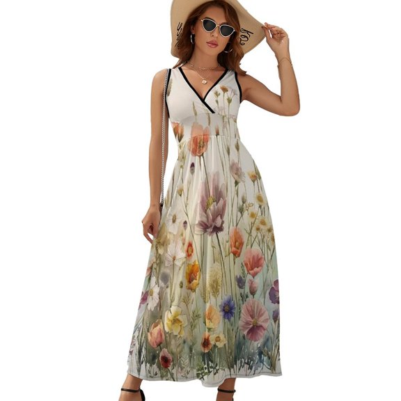 Watercolor Wildflowers Spring Summer (10) Dress Summer Street Style Bohemia Long Dresses Female Sleeveless Printed Maxi Dress