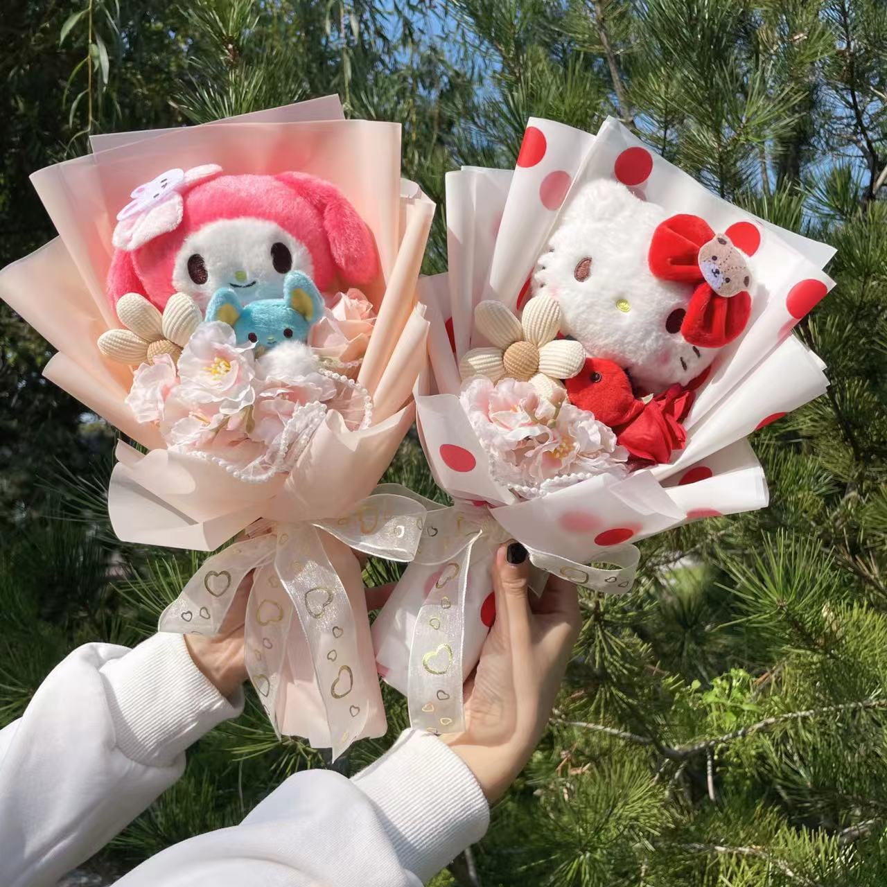 Cartoon Hellokitty Cat With Artificial Flowers Plush Doll Toy bridal bouquet Flower Bouquet Valentine Christmas Graduation Gifts
