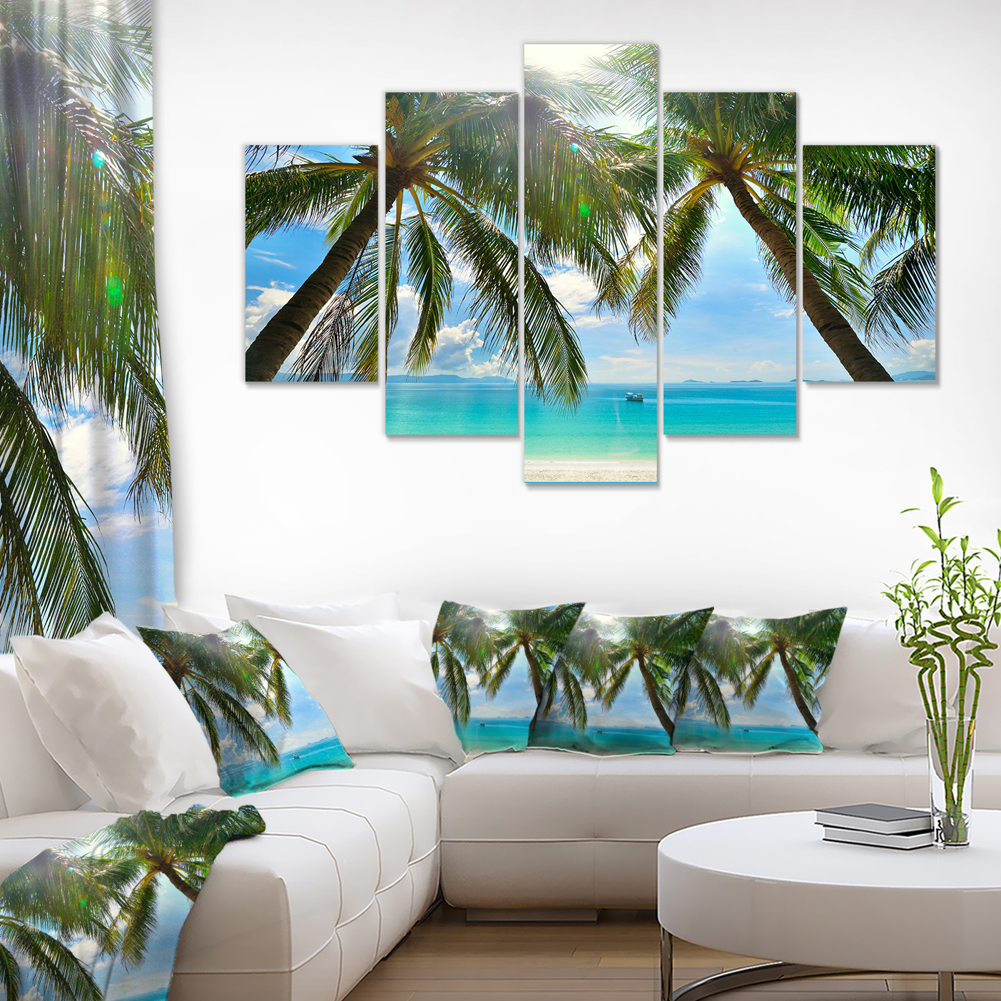 Designart 'Palm Hanging over Sandy White Beach ' Seashore Photo Canvas Art Print