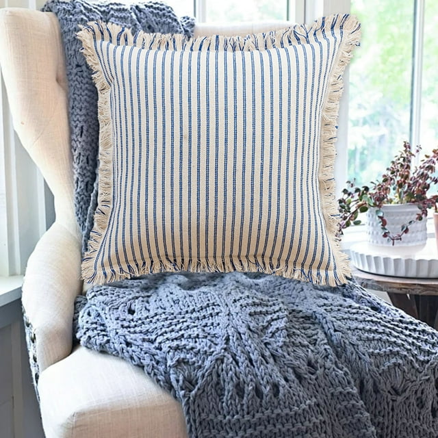 Housses de Coussin à Rayures Housses de Coussin Boho Housses de Coussin à Rayures Housses de Coussin avec Pompons Housse de Coussin à Franges à Rayures Housse de Coussin de Canapé Housse de Coussin de Salon Taie d'Oreiller