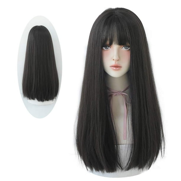 HUAISU Peluca larga recta negra para mujer, peluca sintética natural con flequillo, pelucas de cosplay (té negro, 22 pulgadas)