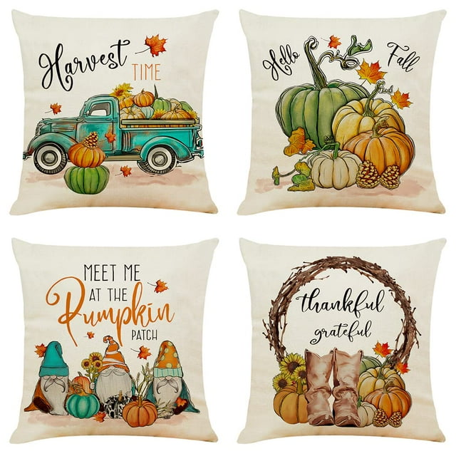 Fundas de almohada de otoño, 18x18, Juego de 4 fundas de almohada rústicas para vacaciones de otoño, almohadas de calabaza de gnomos de granja